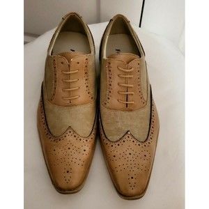 Faranzi Men 2-Tone Dress Casual Oxford Beige/Brown Wing Tip Shoes F4732 Sz 10.5